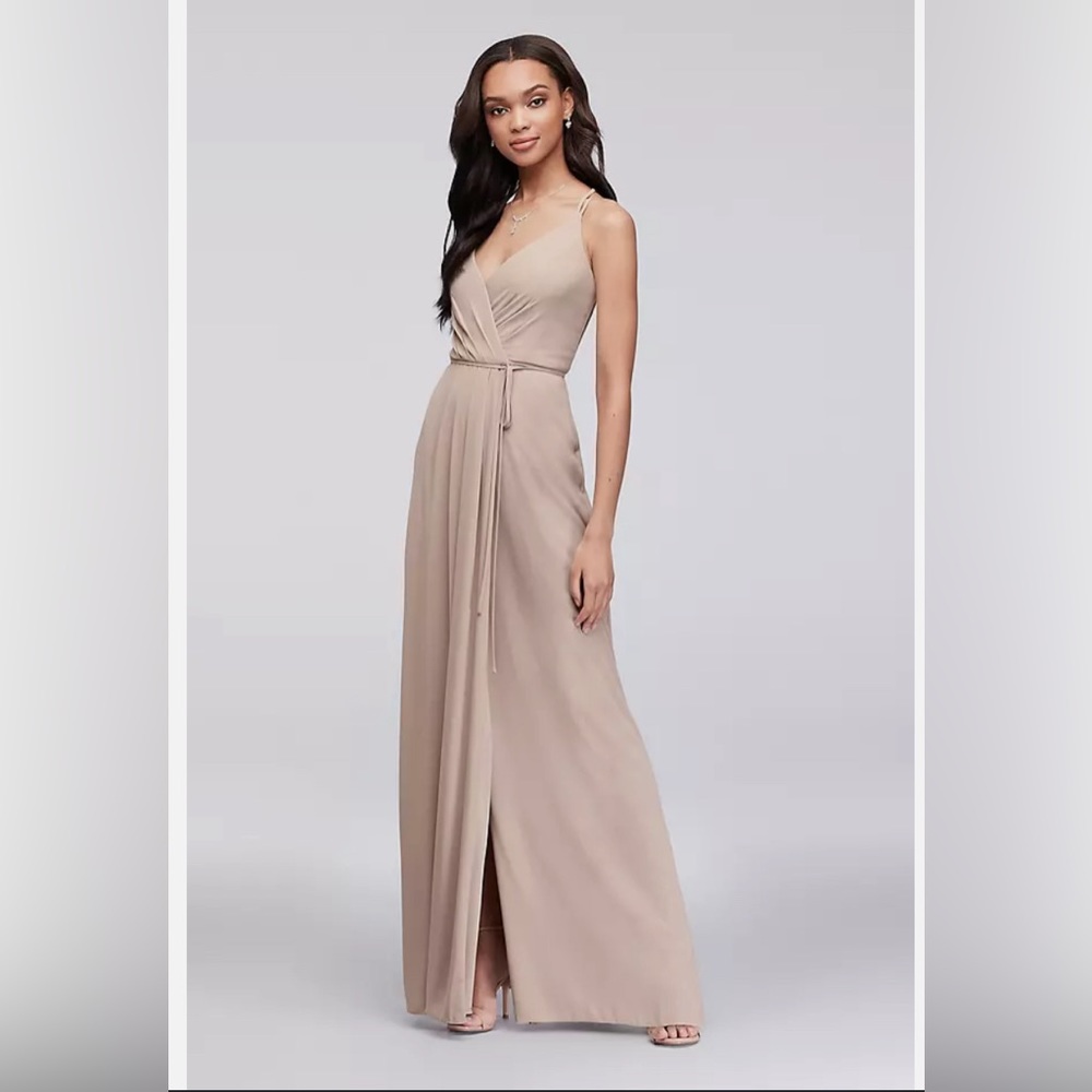David’s Bridal double-strap georgette bridesmaid wrap dress - Biscotti